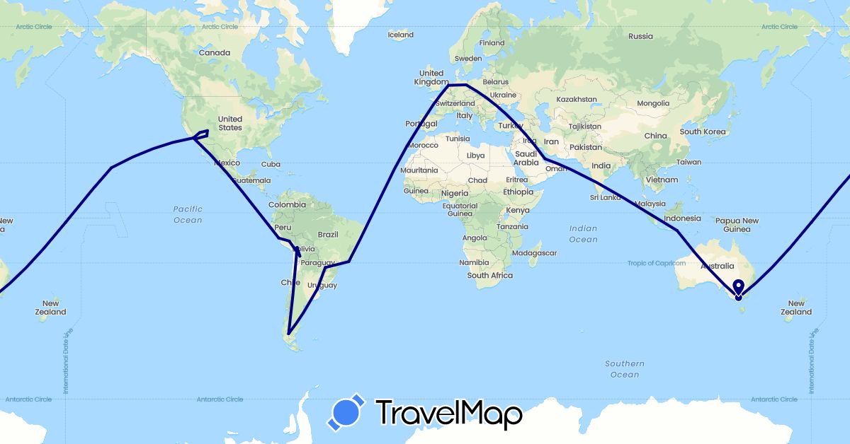 TravelMap itinerary: driving in Argentina, Australia, Bolivia, Brazil, Germany, Indonesia, Netherlands, Peru, Portugal, Qatar, United States (Asia, Europe, North America, Oceania, South America)